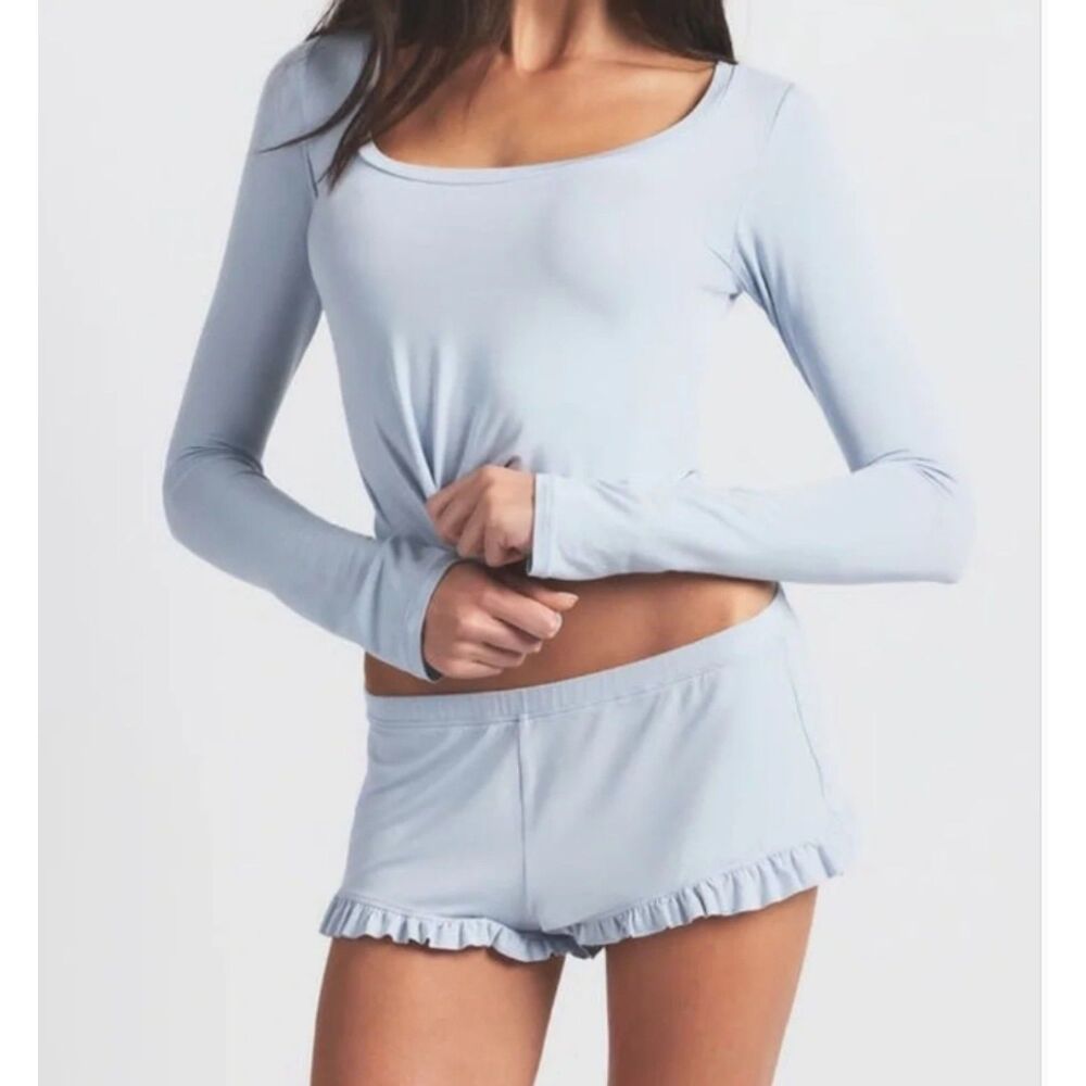 NEW SKIMS Sleep Scoop Neck Top & Ruffle Bottom Shorts SET XL Zen Blue NWT